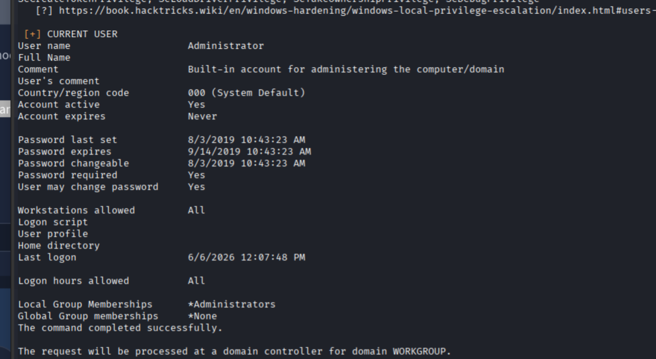 winPEAS output showing system enumeration results